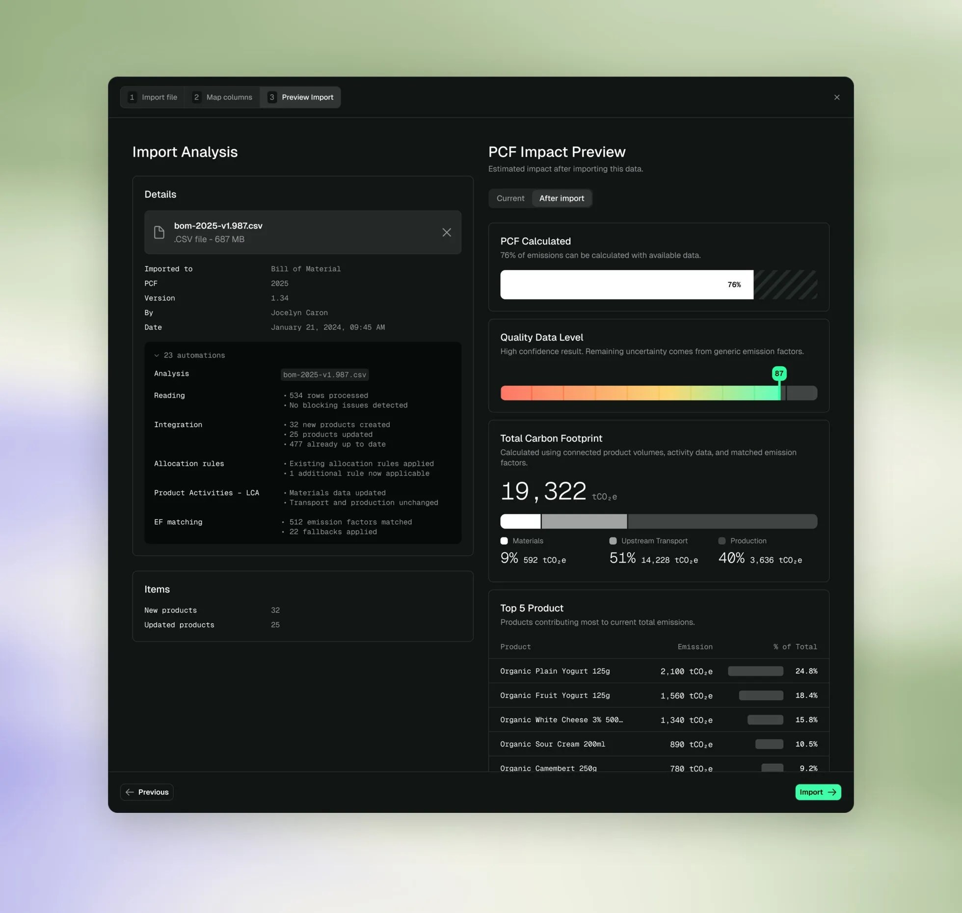 The pre-import analysis screen: on the left the file details and the automations triggered, on the right the total footprint and the data quality level as they will be after the import.