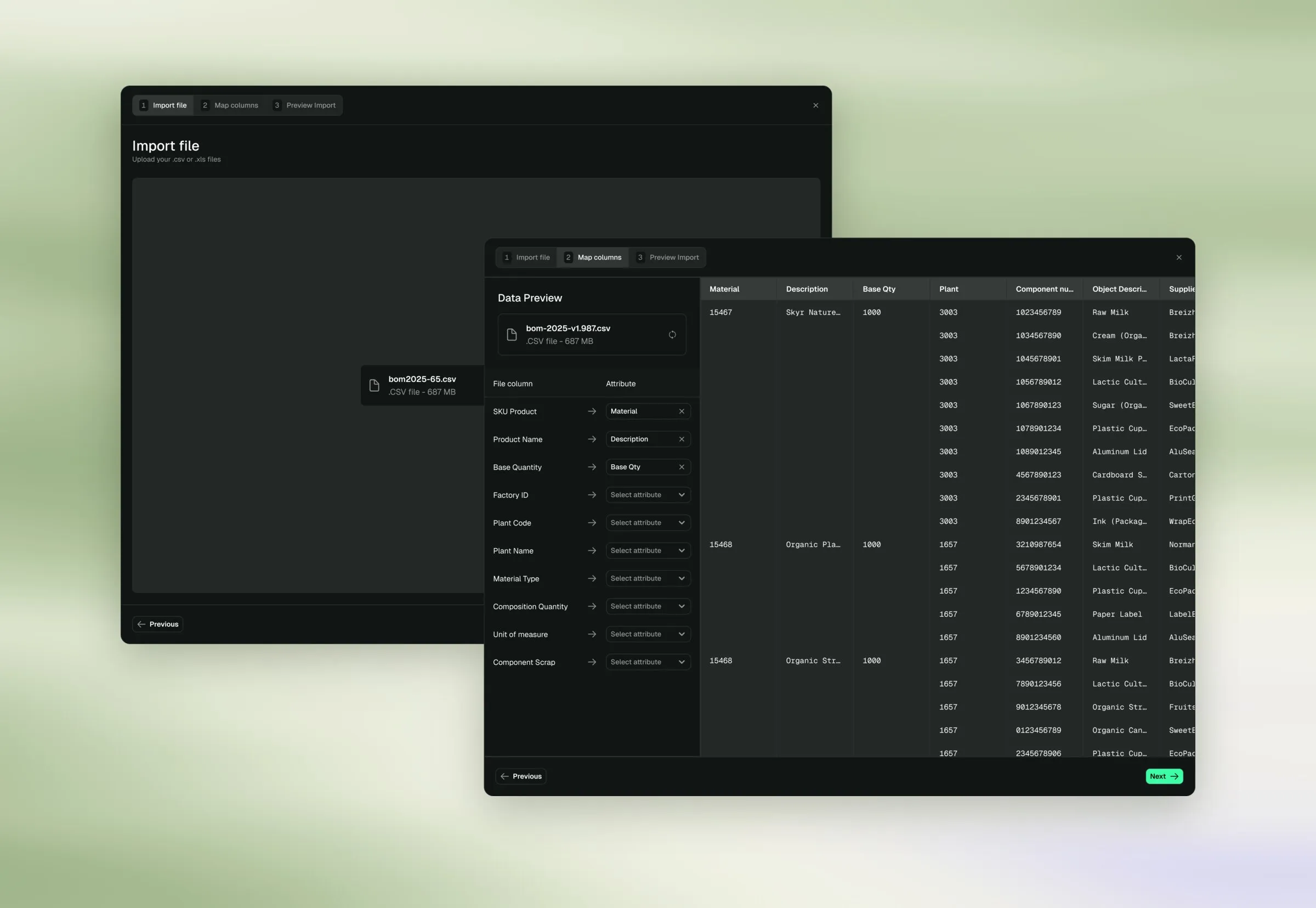 Two import steps stacked: behind, the file drop; in front, the mapping of the client file's columns to the product attributes, and on the right a preview of the raw lines.
