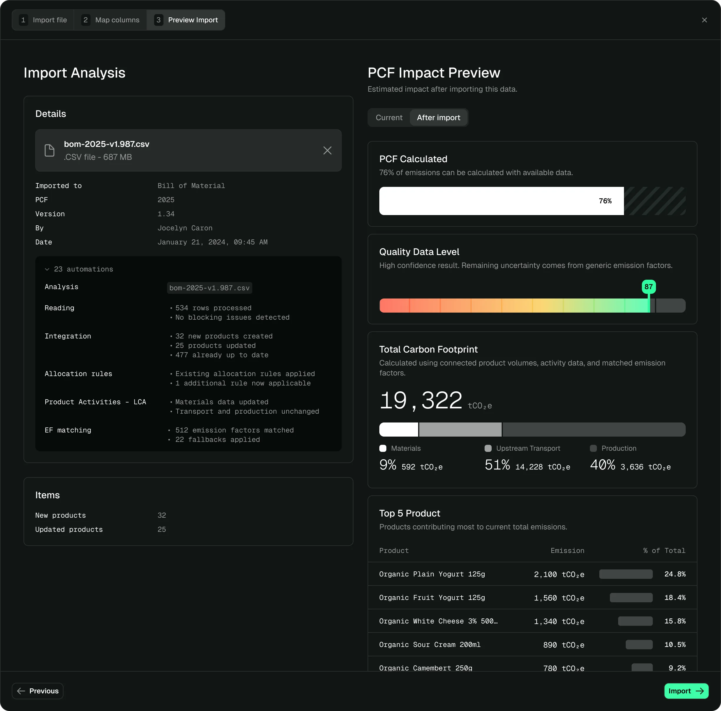 The pre-import analysis screen: on the left the file details and the automations triggered, on the right the total footprint and the data quality level as they will be after the import.