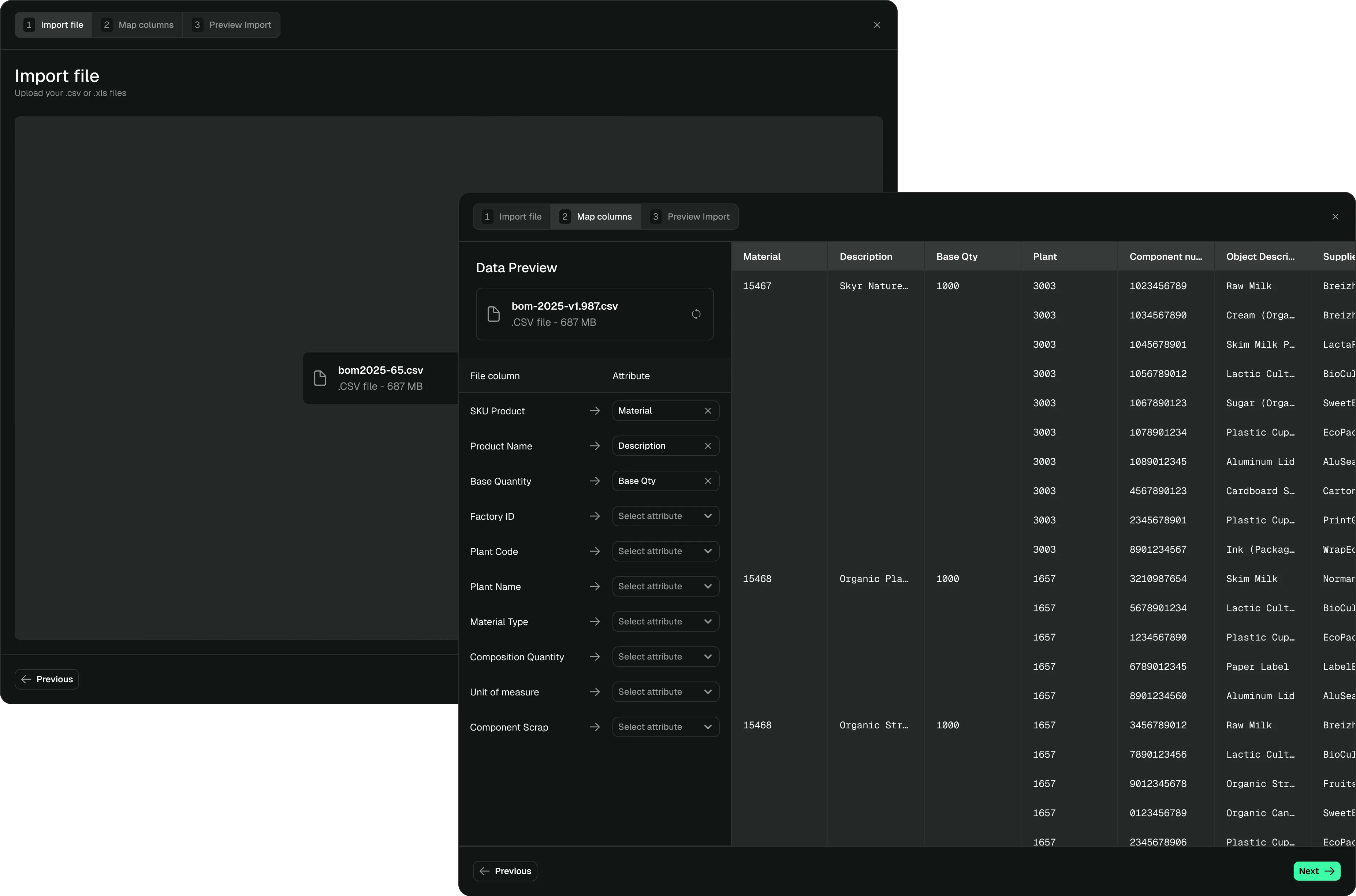 Two import steps stacked: behind, the file drop; in front, the mapping of the client file's columns to the product attributes, and on the right a preview of the raw lines.