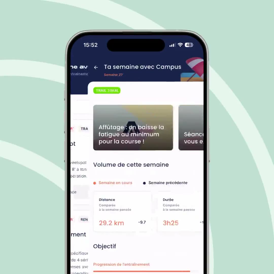 The week screen in the old app: stacked session cards, colored tags, the volume and the goal's progress.